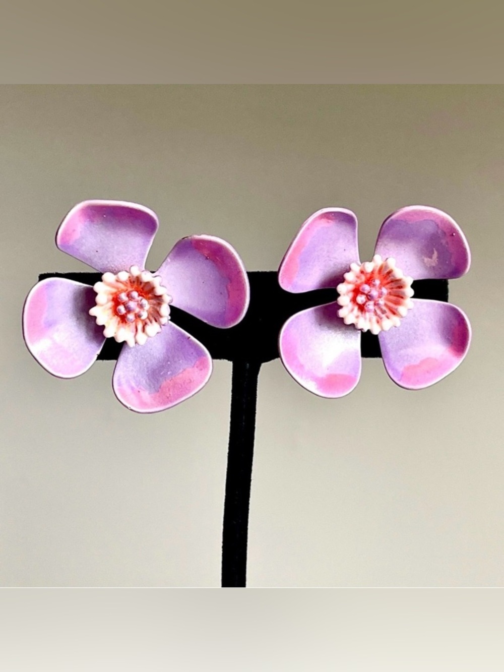 Vintage Enamel Flower Clip Earrings Purple Pink Gold Tone Statement Floral EUC